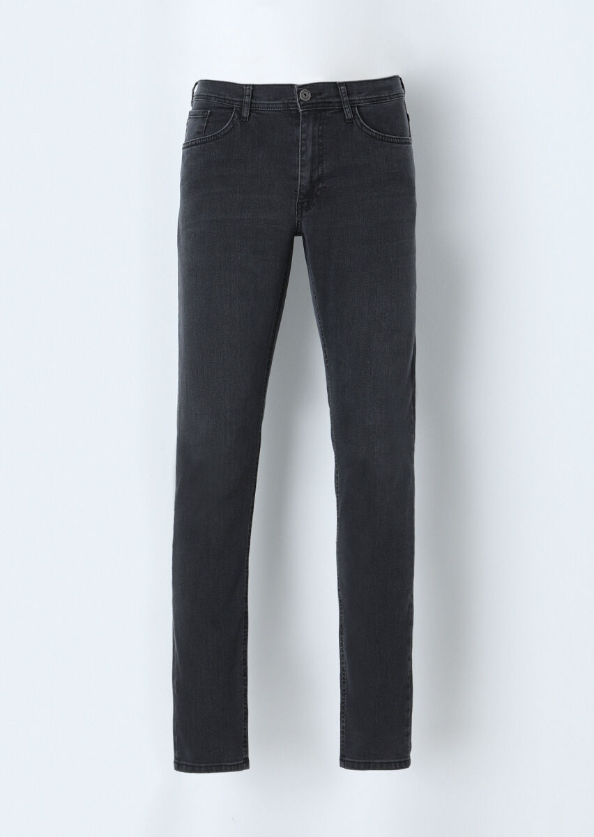 Koyu Gri Düz Slim Fit Denim Pamuk Karışımlı Pantolon - 1