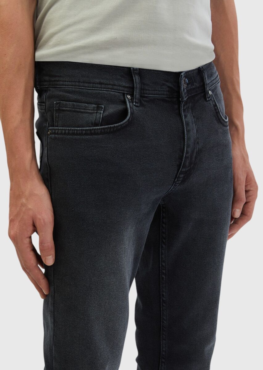 Koyu Gri Düz Slim Fit Denim Pamuk Karışımlı Pantolon - 4