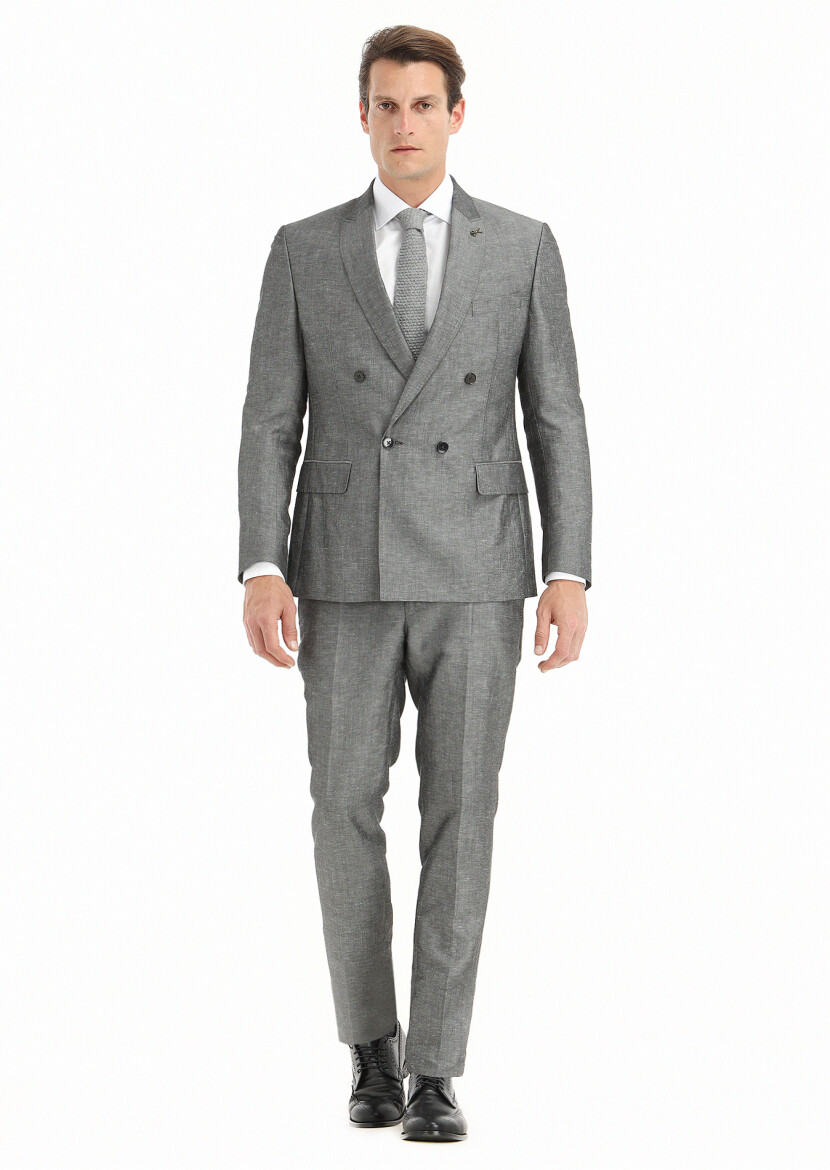 Koyu Gri Düz Zeroweight Slim Fit Keten Karışımlı Takım Elbise - 1