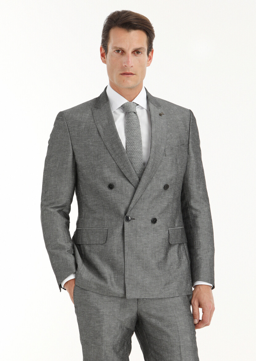 Koyu Gri Düz Zeroweight Slim Fit Keten Karışımlı Takım Elbise - 2