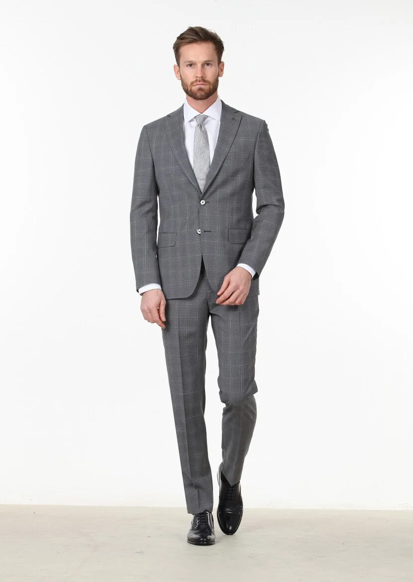 Koyu Gri Kareli Modern Fit %100 Yün Takım Elbise - 1