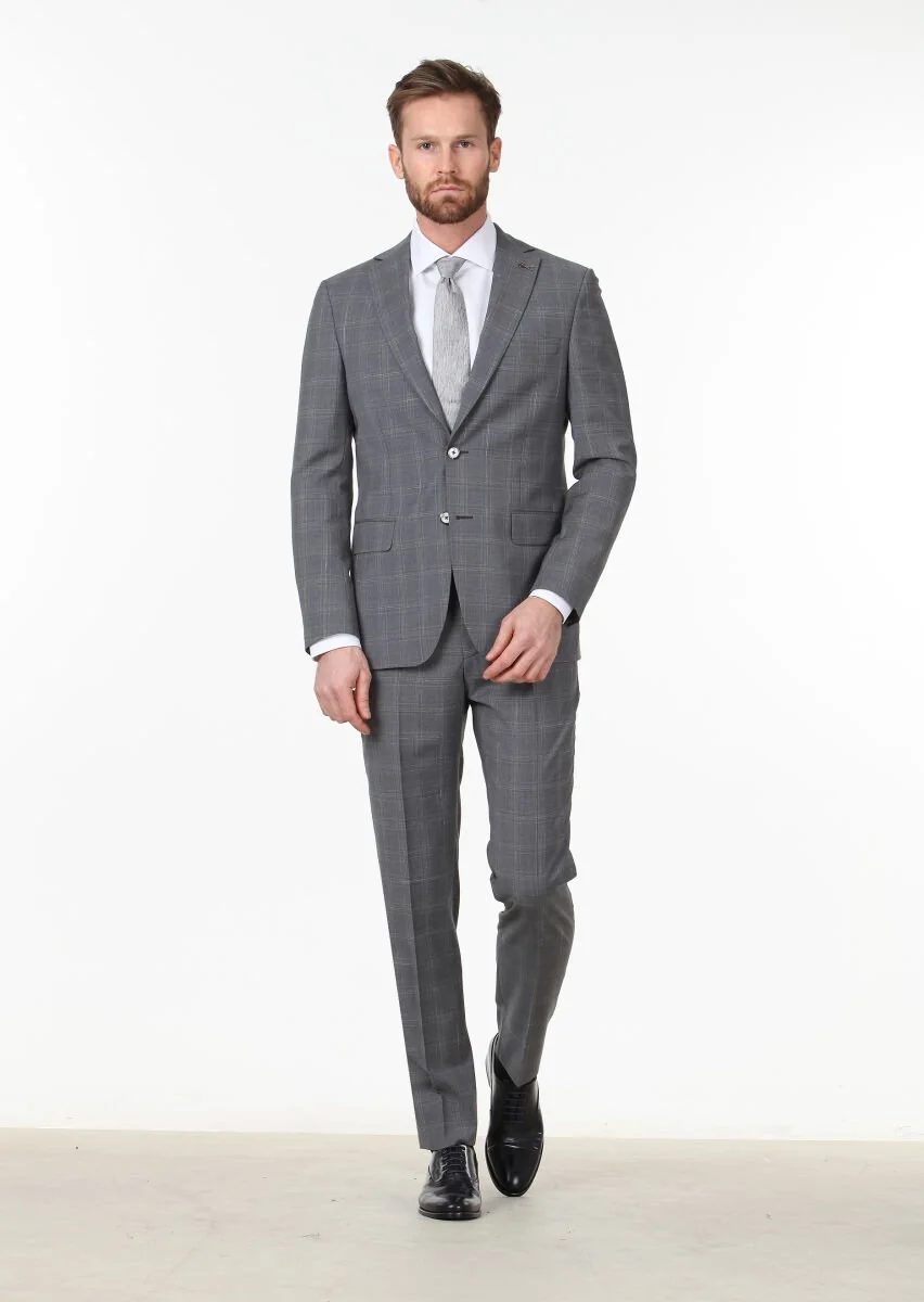 Koyu Gri Kareli Modern Fit %100 Yün Takım Elbise - 1
