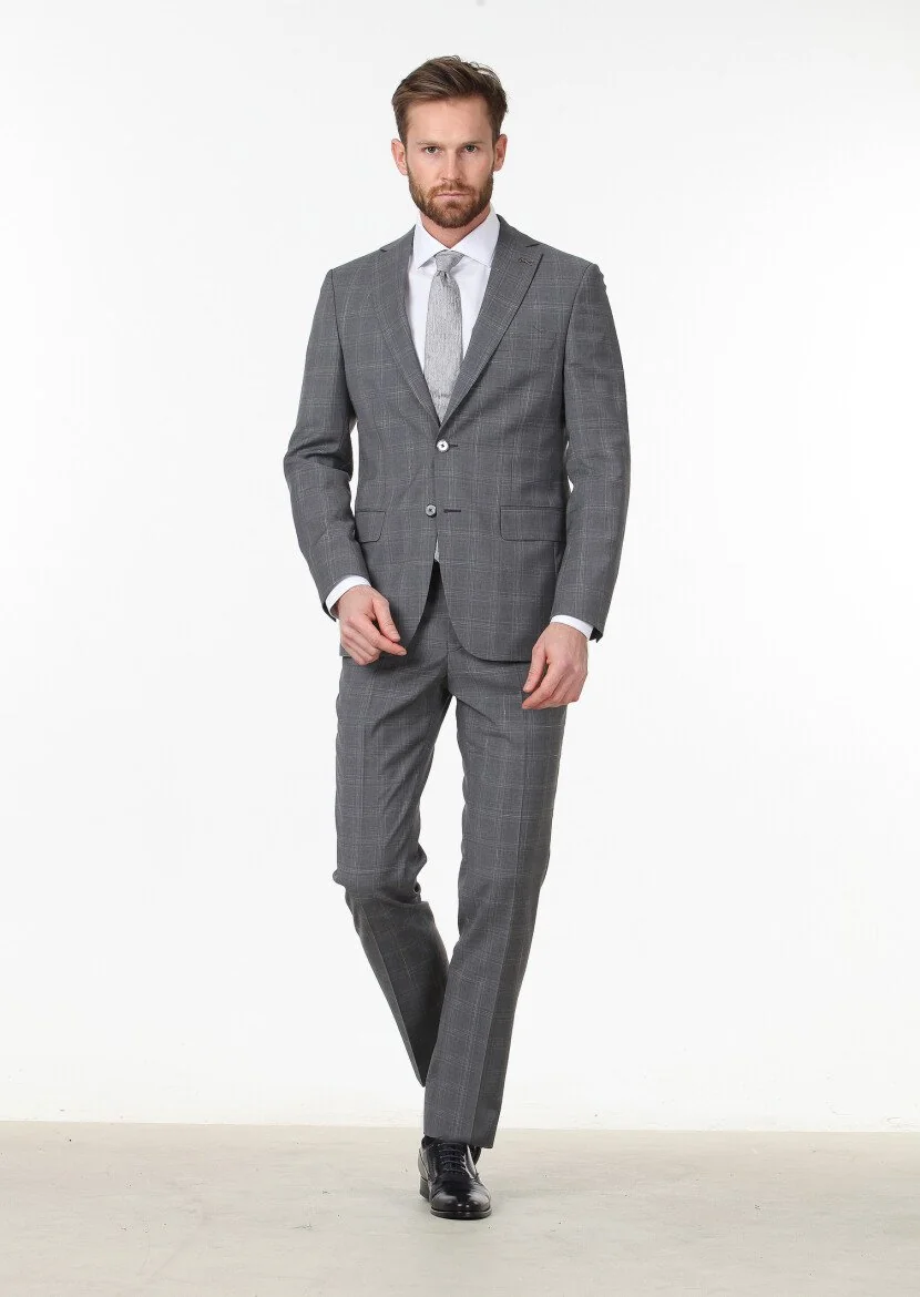 Koyu Gri Kareli Modern Fit %100 Yün Takım Elbise - 2