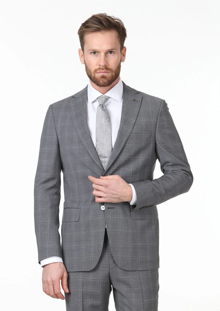 Koyu Gri Kareli Modern Fit %100 Yün Takım Elbise - 3