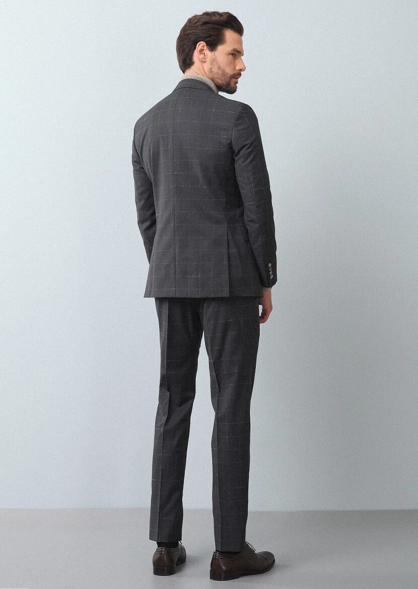 Koyu Gri Kareli Modern Fit %100 Yün Takım Elbise - 5