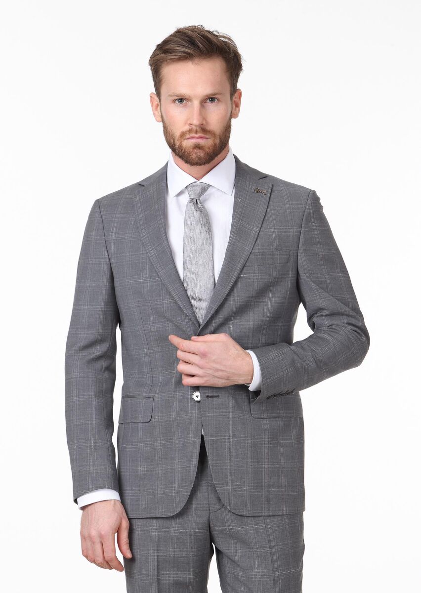Koyu Gri Kareli Regular Fit %100 Yün Takım Elbise - 3
