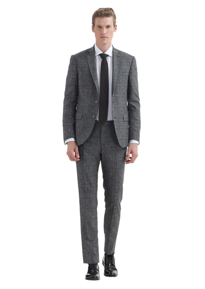 Koyu Gri Kareli Zeroweight Slim Fit %100 Yün Takım Elbise - 1