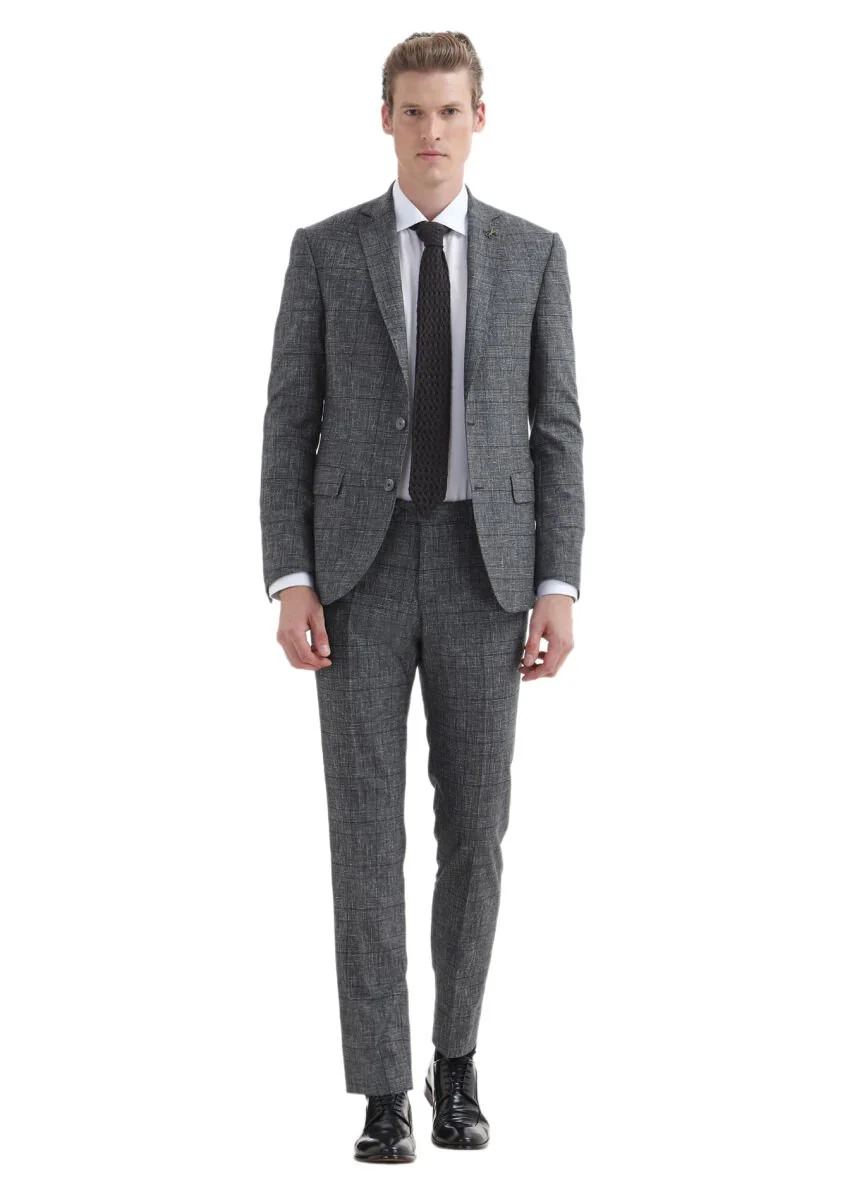 Koyu Gri Kareli Zeroweight Slim Fit %100 Yün Takım Elbise - 1