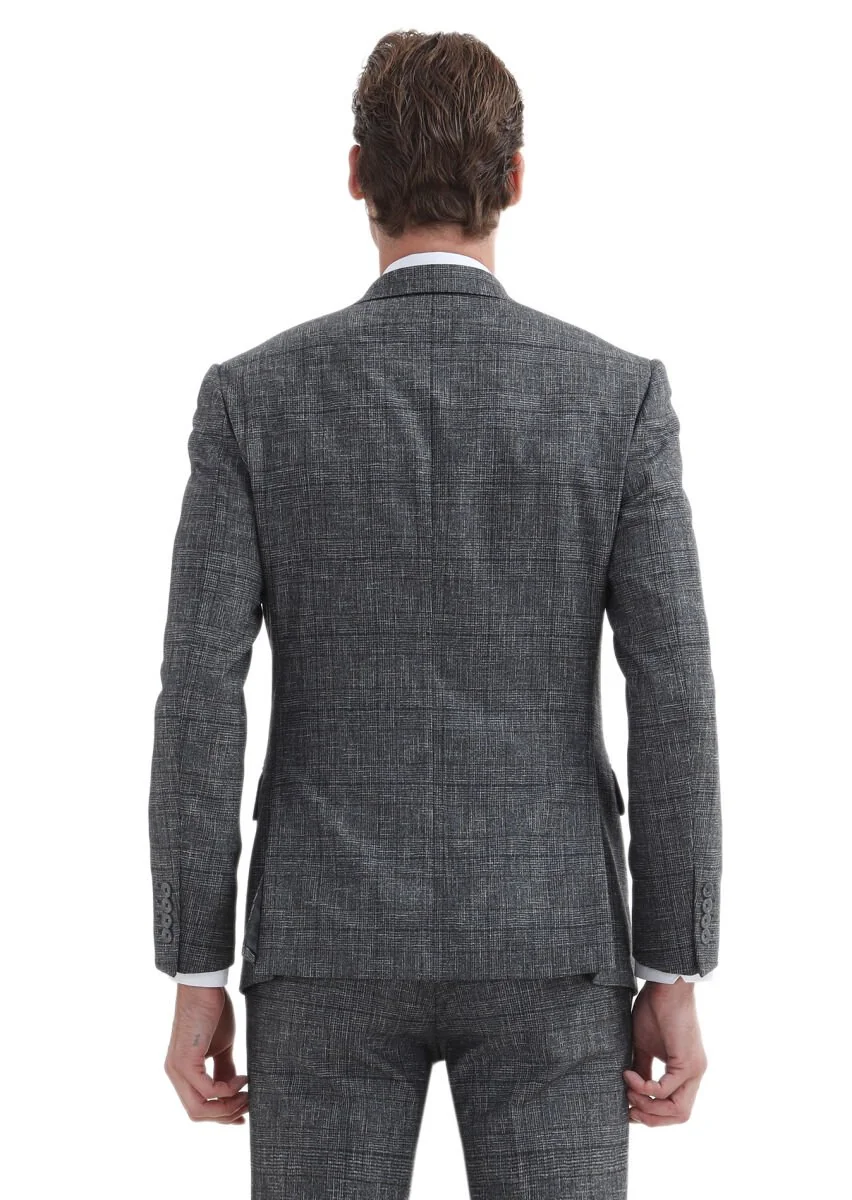 Koyu Gri Kareli Zeroweight Slim Fit %100 Yün Takım Elbise - 6