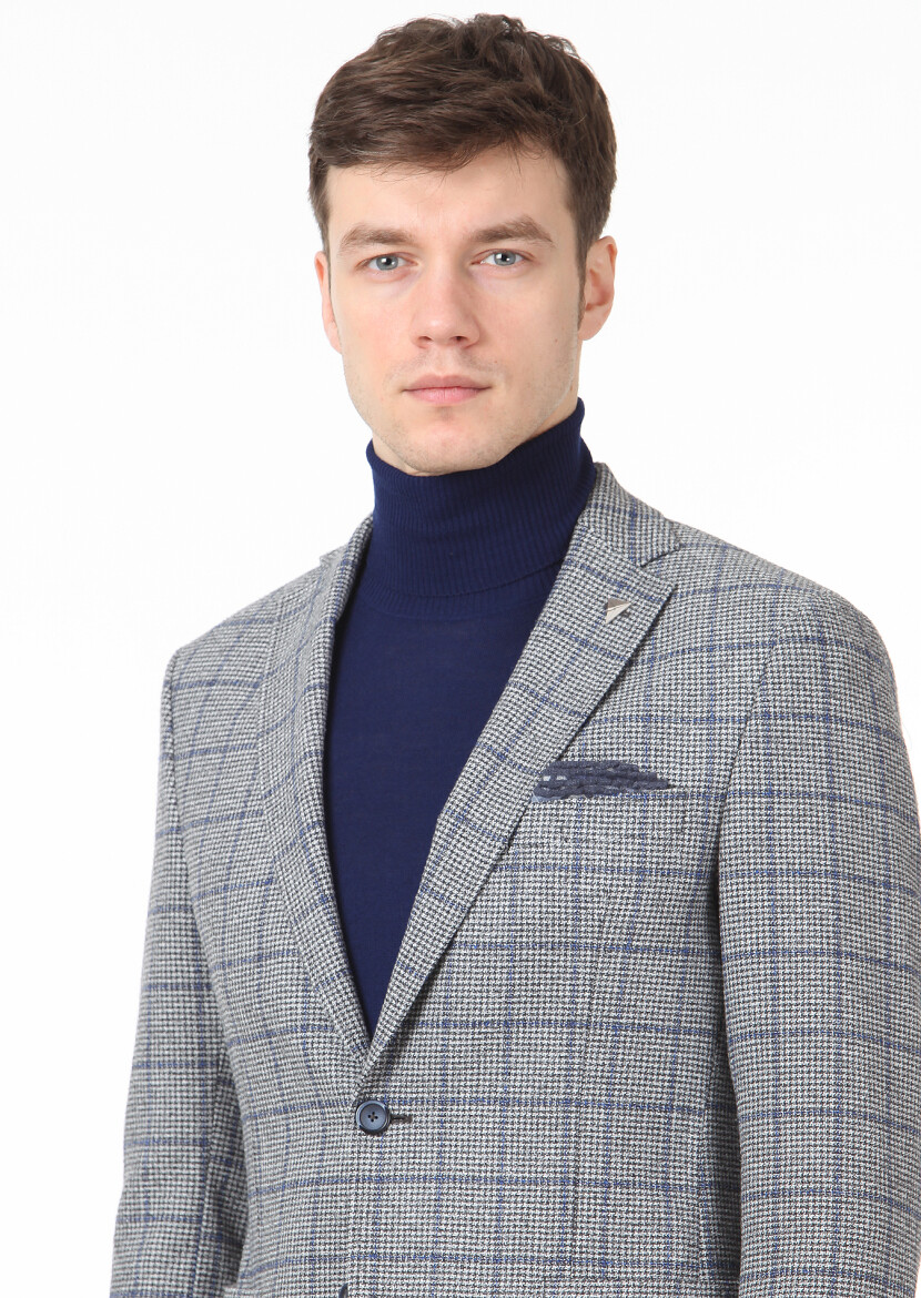 Koyu Gri Kareli Zeroweight Slim Fit Yün Karışımlı Ceket 