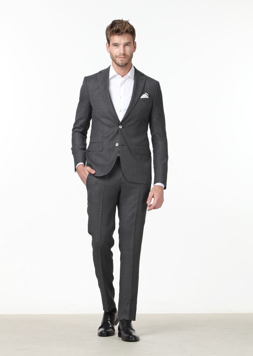 Koyu Gri Mikro Modern Fit %100 Yün Takım Elbise 