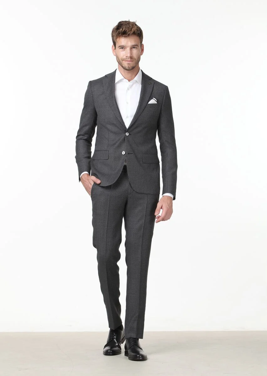 Koyu Gri Mikro Modern Fit %100 Yün Takım Elbise - 1