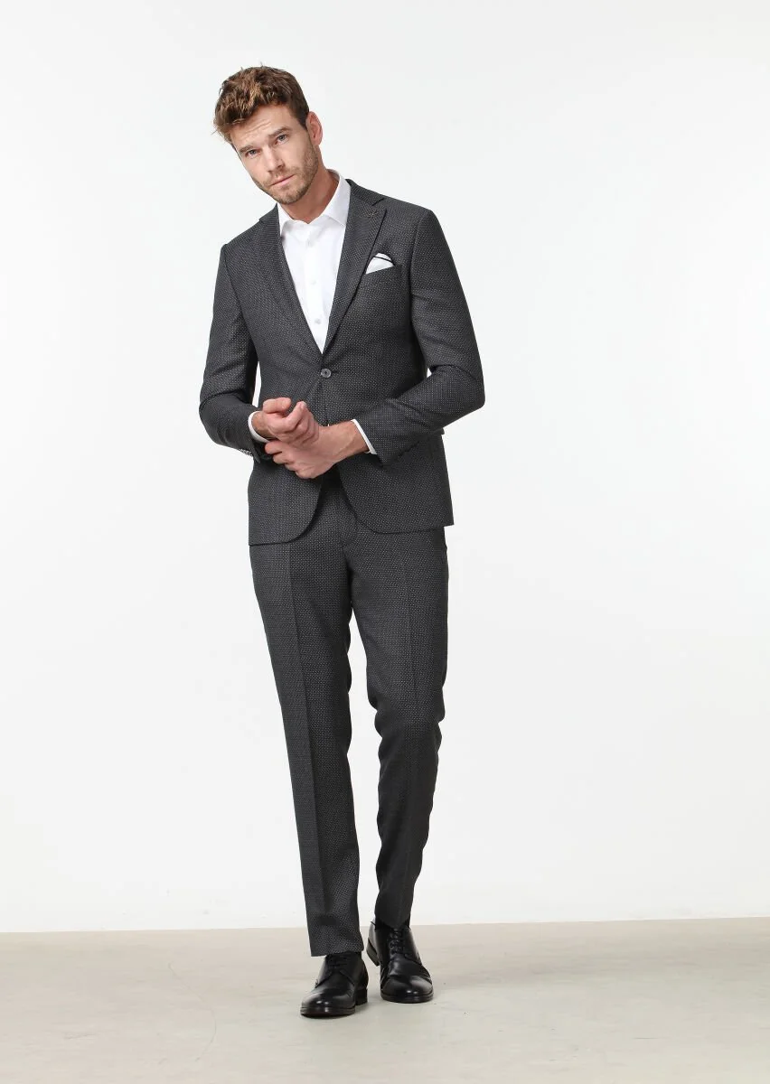Koyu Gri Mikro Modern Fit %100 Yün Takım Elbise - 2