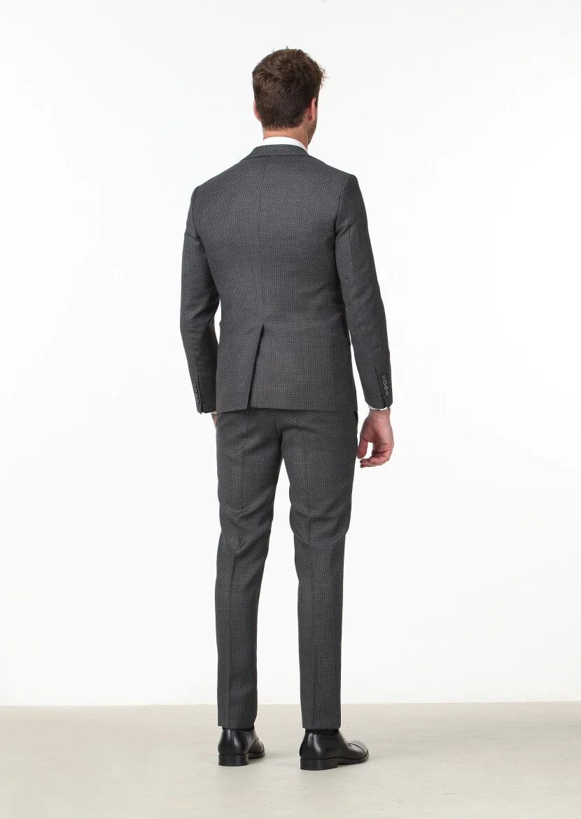 Koyu Gri Mikro Modern Fit %100 Yün Takım Elbise - 4