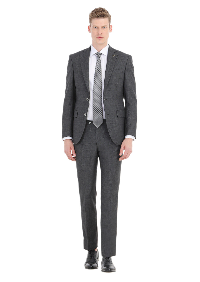 Koyu Gri Mikro Modern Fit %100 Yün Takım Elbise - 1