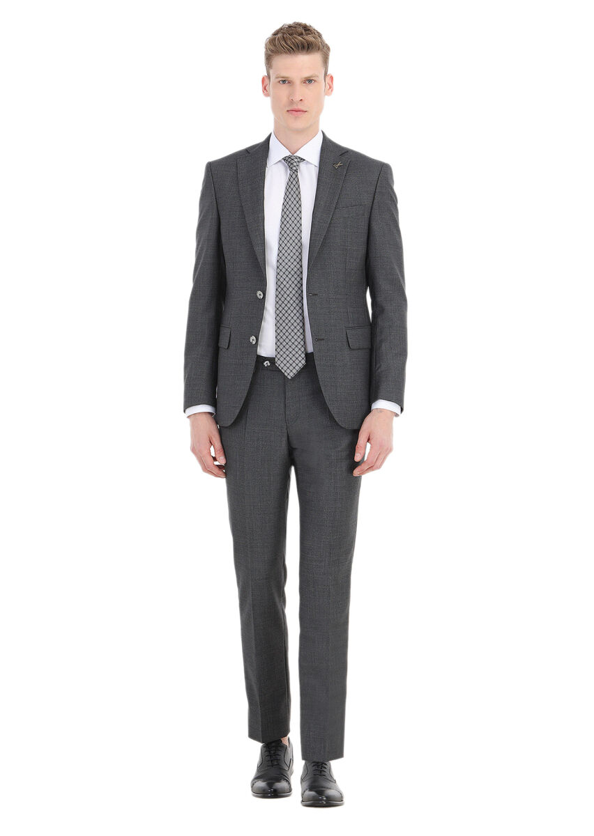 Koyu Gri Mikro Modern Fit %100 Yün Takım Elbise - 1