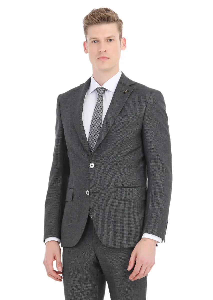 Koyu Gri Mikro Modern Fit %100 Yün Takım Elbise - 2