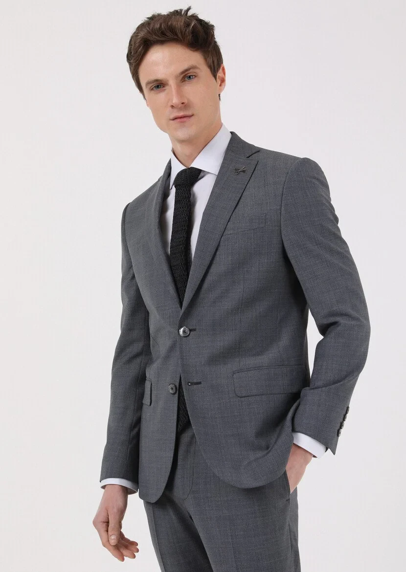 Koyu Gri Mikro Modern Fit Yün Karışımlı Takım Elbise - 3