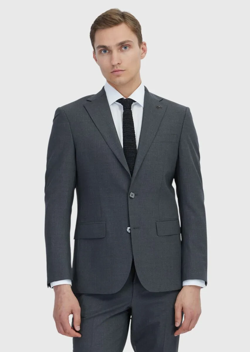Koyu Gri Mikro Modern Fit Yün Karışımlı Takım Elbise - 1