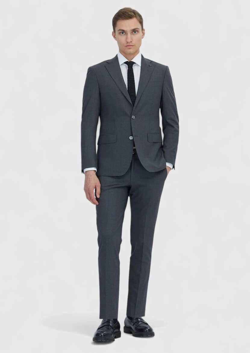 Koyu Gri Mikro Modern Fit Yün Karışımlı Takım Elbise - 2