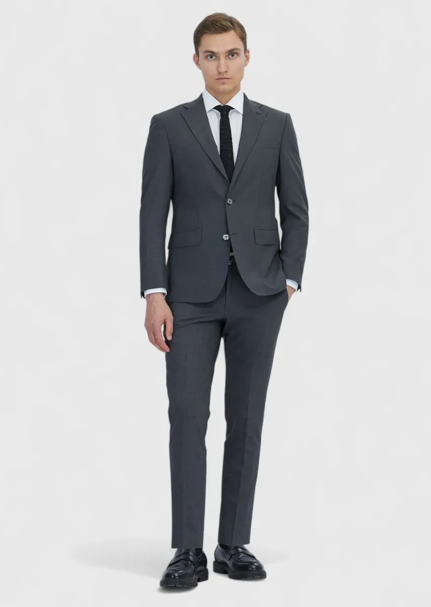 Koyu Gri Mikro Modern Fit Yün Karışımlı Takım Elbise - 2