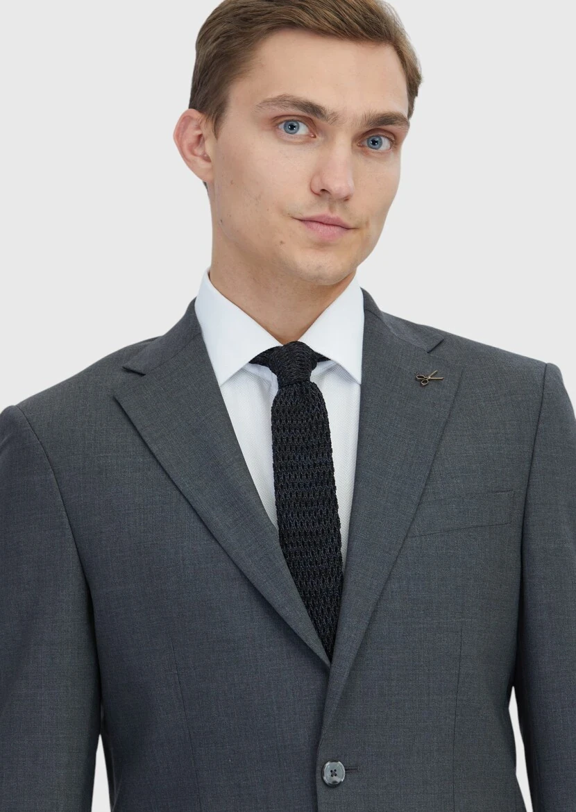Koyu Gri Mikro Modern Fit Yün Karışımlı Takım Elbise - 3
