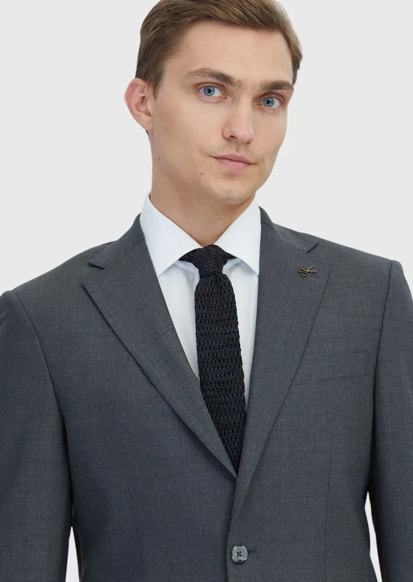 Koyu Gri Mikro Modern Fit Yün Karışımlı Takım Elbise - 3