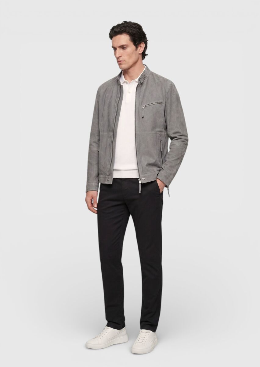 Koyu Gri Regular Fit Dik Yaka Casual Süet Deri Mont - 2