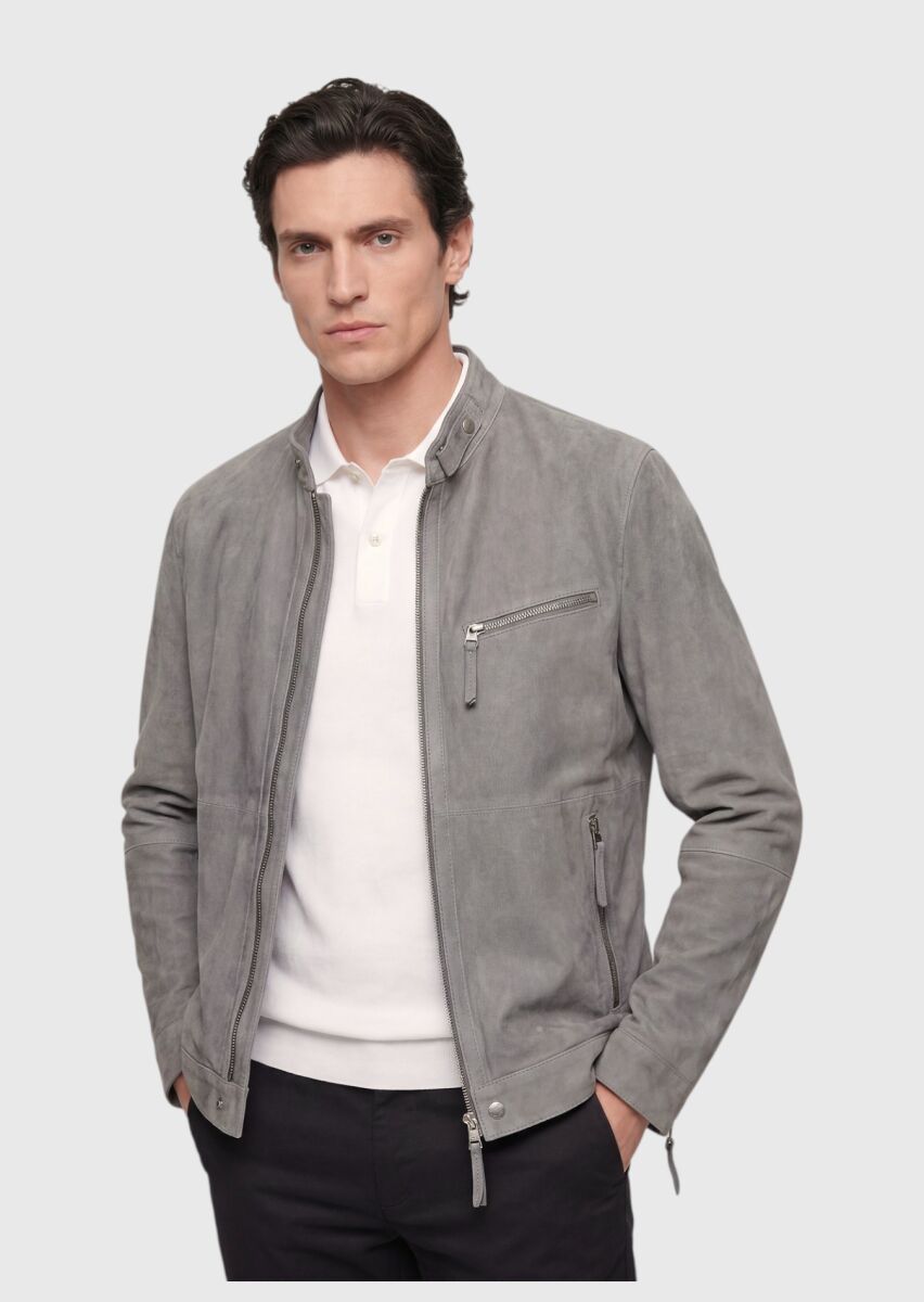 Koyu Gri Regular Fit Dik Yaka Casual Süet Deri Mont - 3