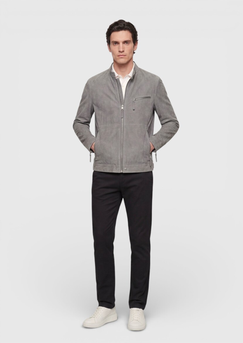 Koyu Gri Regular Fit Dik Yaka Casual Süet Deri Mont - 4