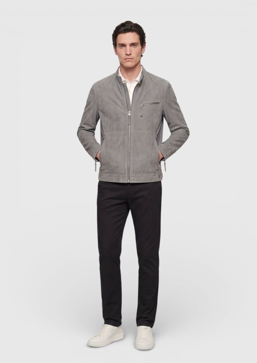 Koyu Gri Regular Fit Dik Yaka Casual Süet Deri Mont - 4