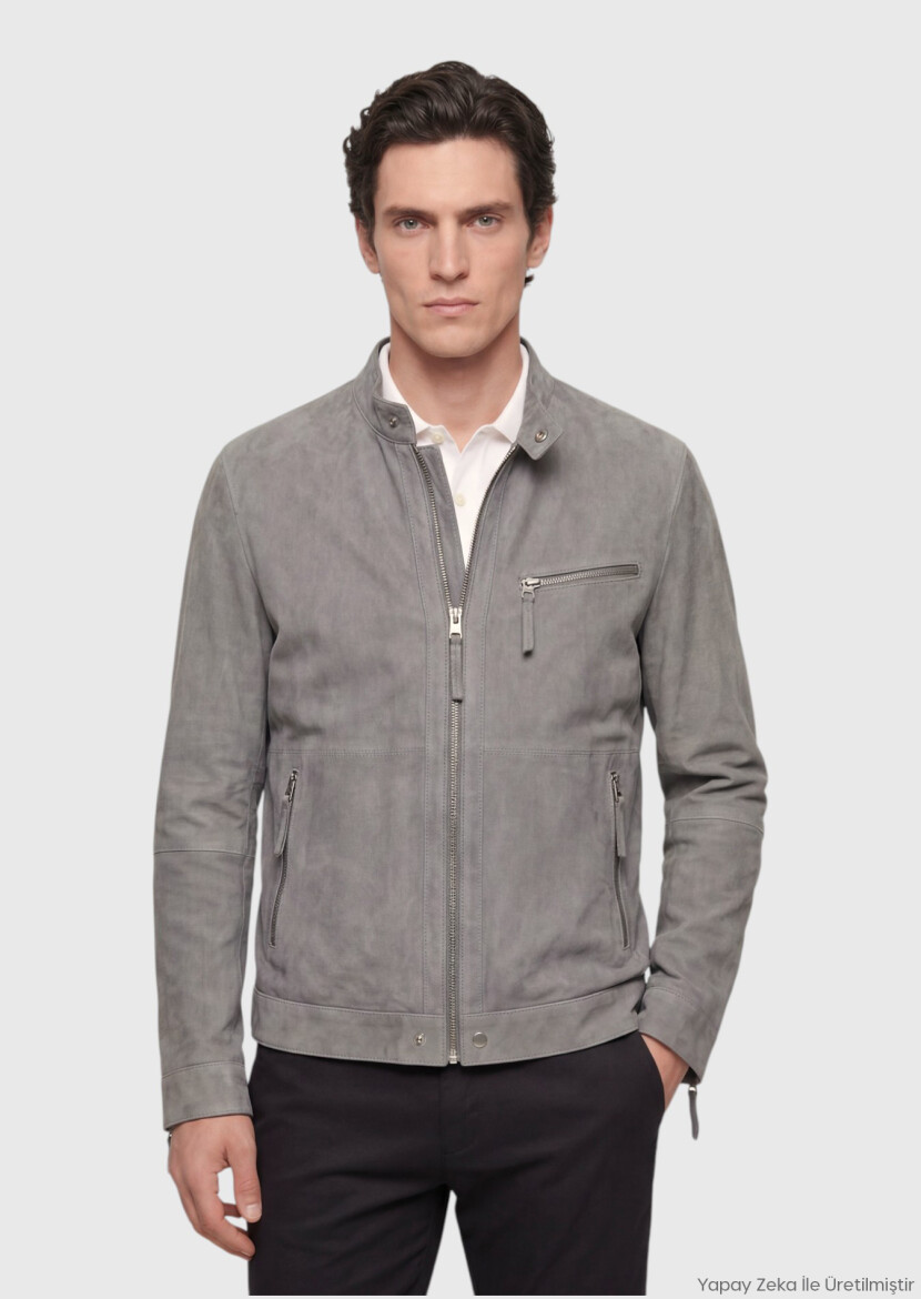 Koyu Gri Regular Fit Dik Yaka Casual Süet Deri Mont - RAMSEY