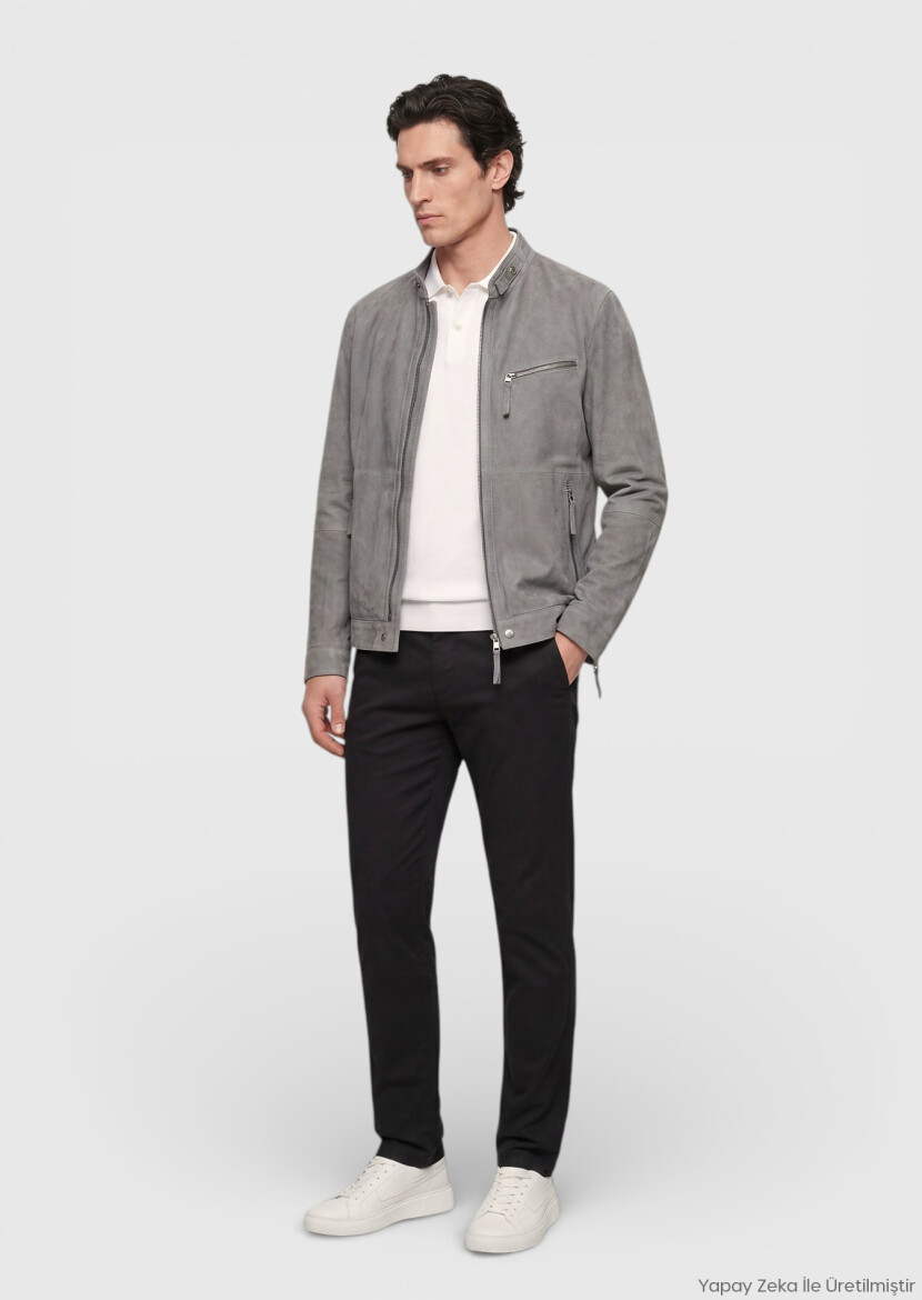 Koyu Gri Regular Fit Dik Yaka Casual Süet Deri Mont - RAMSEY