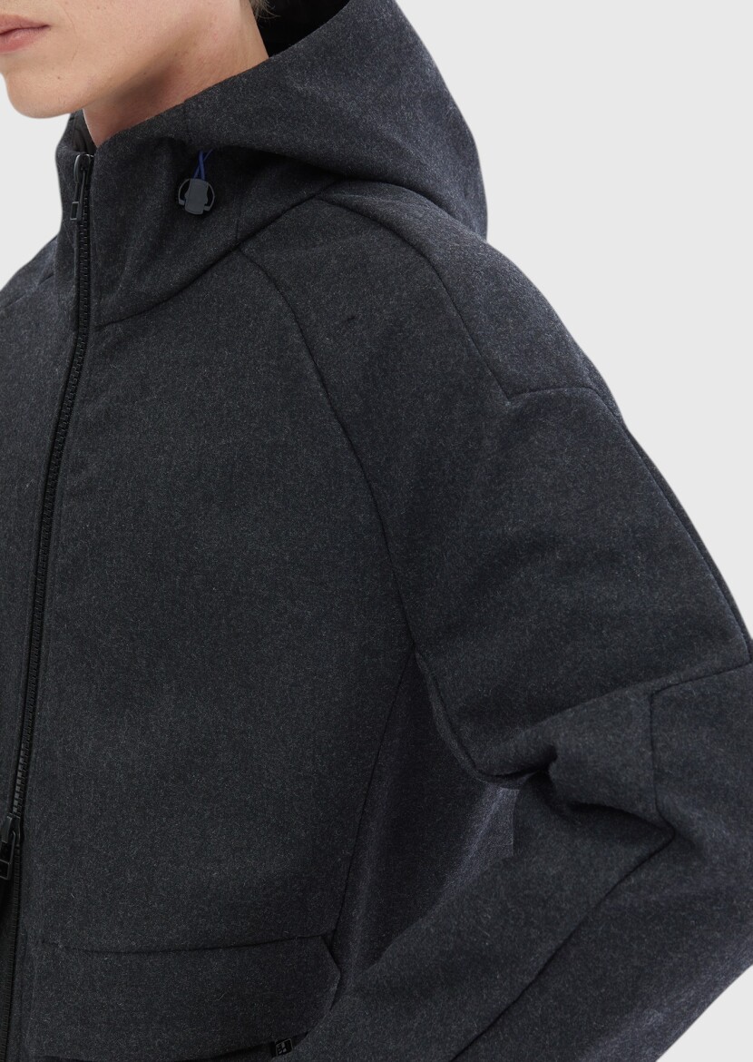 Koyu Gri Regular Fit Kapüşonlu Denim Dokuma Mont - 9