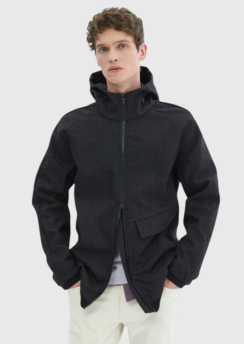 Koyu Gri Regular Fit Kapüşonlu Denim Dokuma Mont - 1