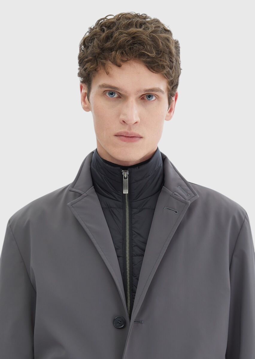 Koyu Gri Regular Fit Kruvaze Yaka Casual Dokuma Pardösü - 3