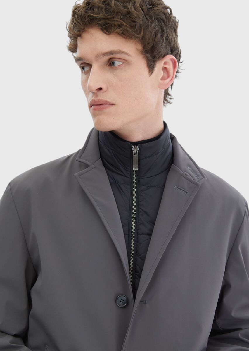 Koyu Gri Regular Fit Kruvaze Yaka Casual Dokuma Pardösü - 4