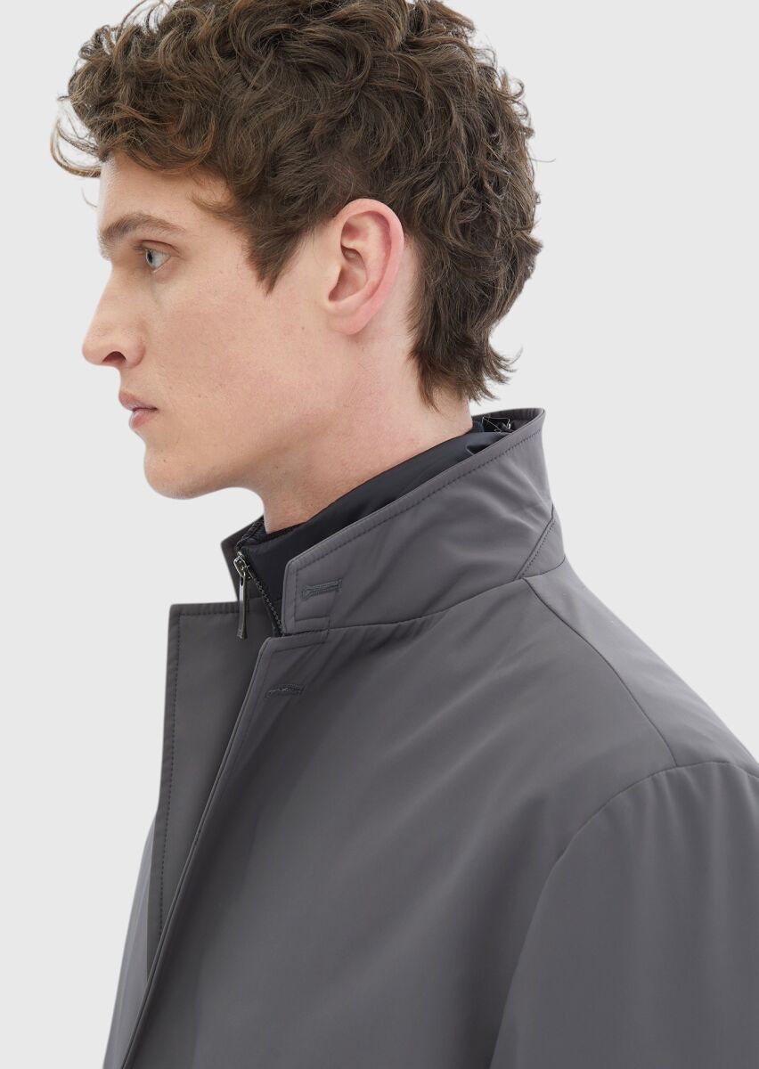 Koyu Gri Regular Fit Kruvaze Yaka Casual Dokuma Pardösü - 5