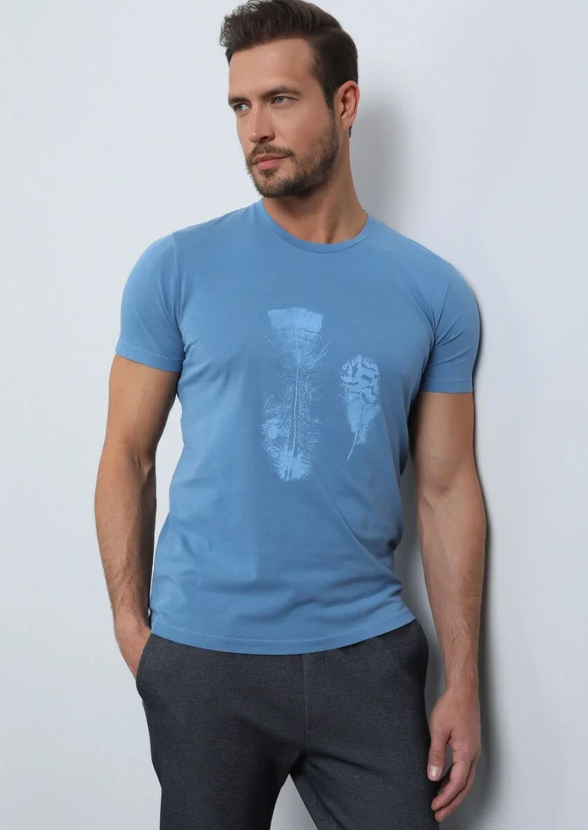 Koyu İndigo Baskılı %100 Pamuk T-Shirt - 1