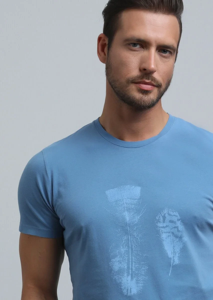 Koyu İndigo Baskılı %100 Pamuk T-Shirt - 3