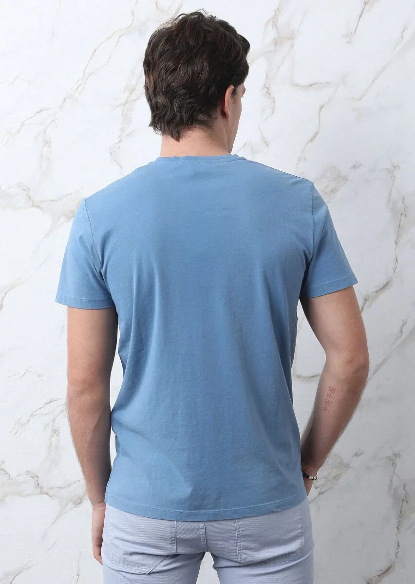 Koyu İndigo Baskılı %100 Pamuk T-Shirt - 6
