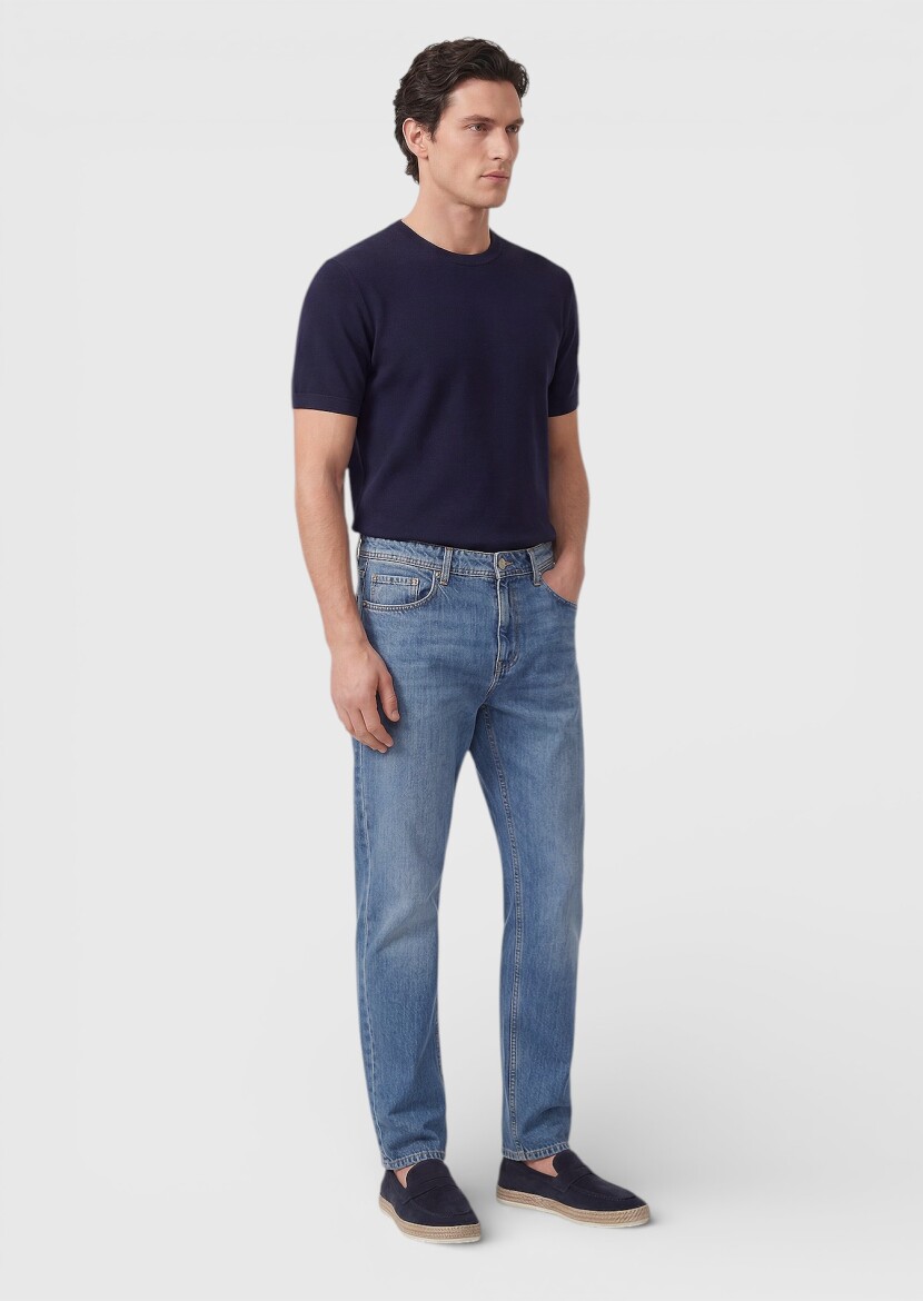 Koyu İndigo Regular Fit Denim Pamuk Karışımlı Pantolon - 3