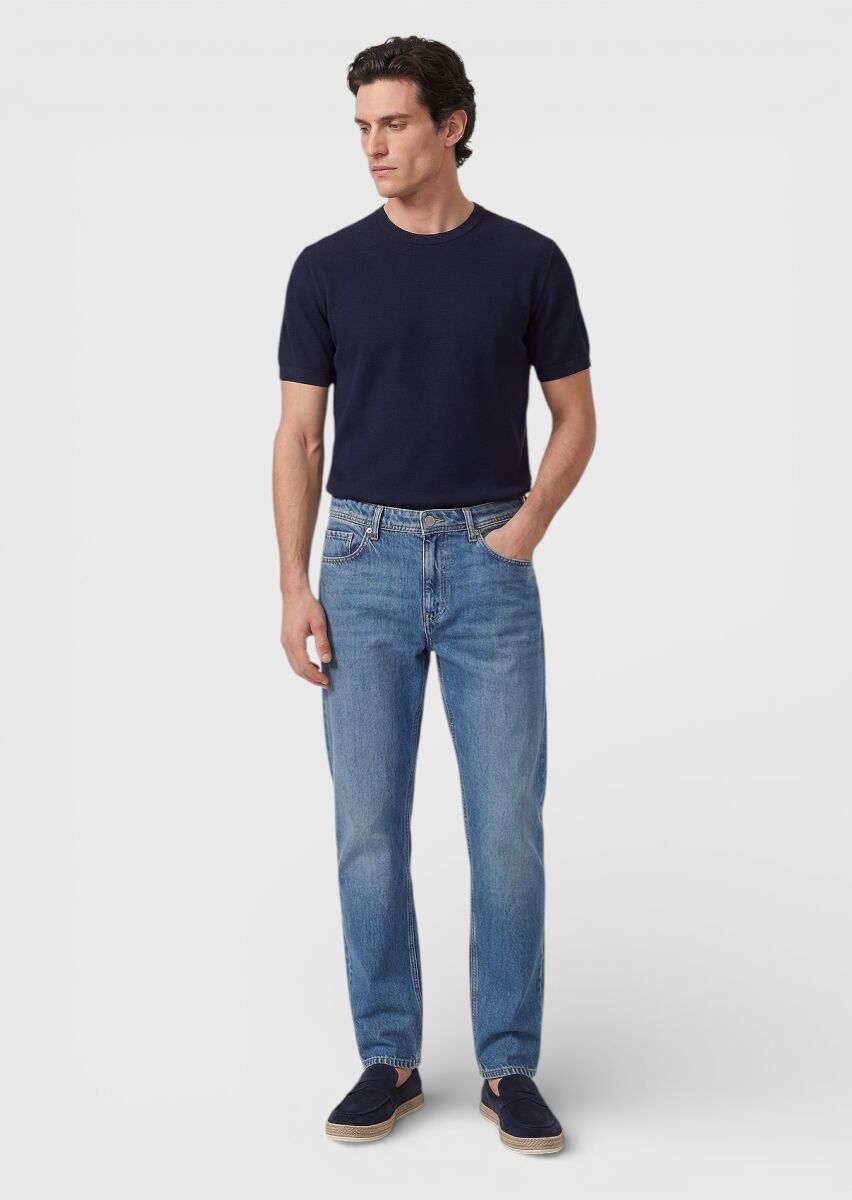 Koyu İndigo Regular Fit Denim Pamuk Karışımlı Pantolon - 4