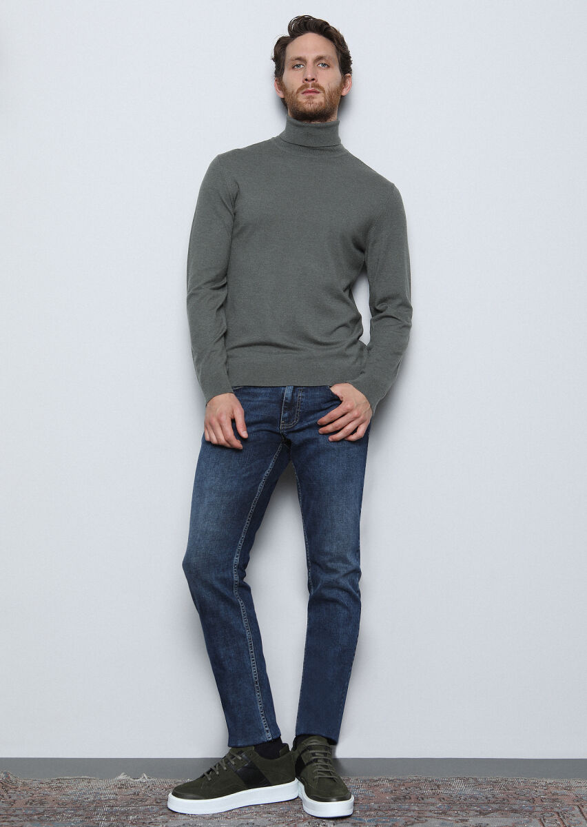 Koyu İndigo Düz Slim Fit Denim Pamuk Karışımlı Pantolon - 2
