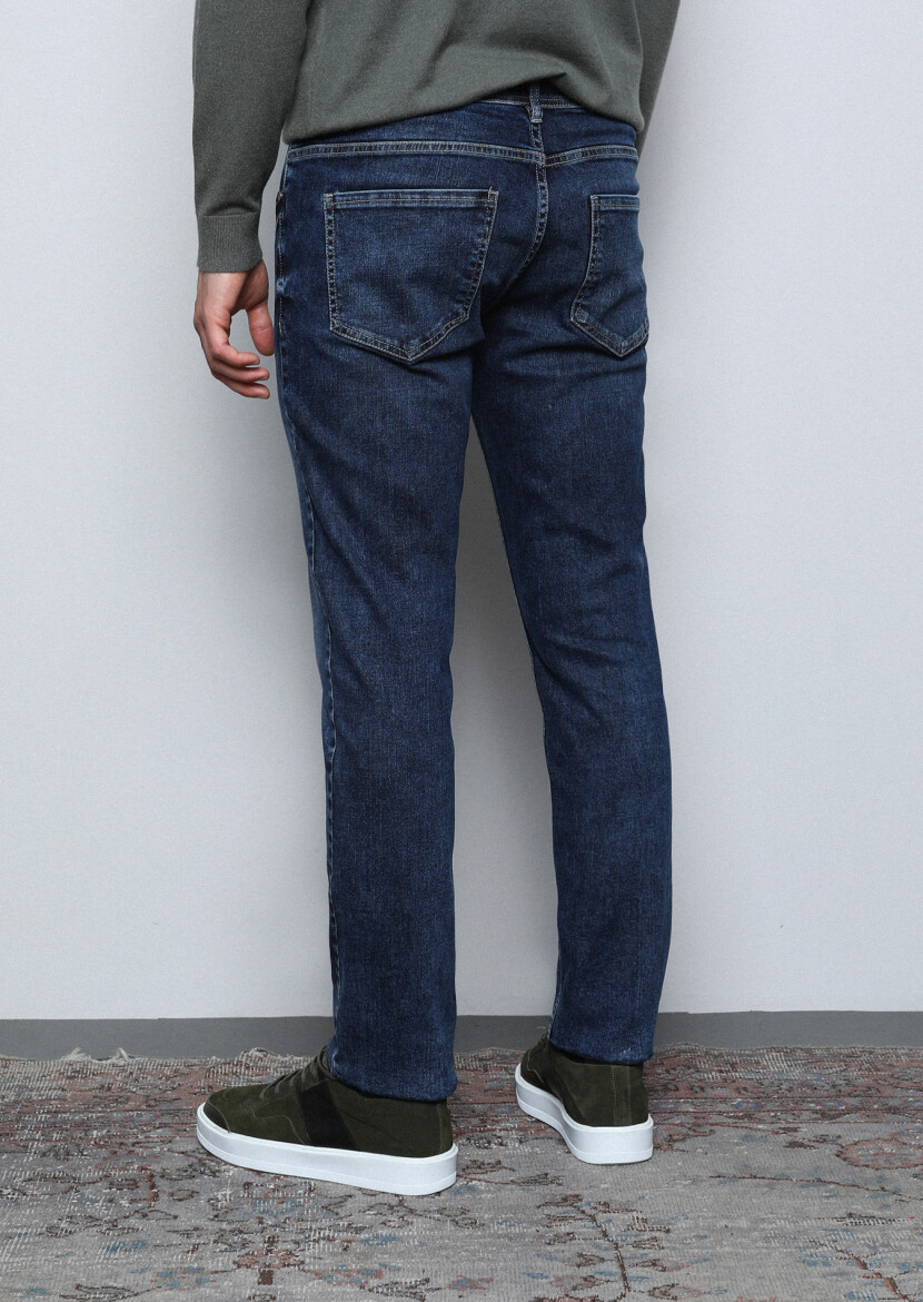 Koyu İndigo Düz Slim Fit Denim Pamuk Karışımlı Pantolon - 5