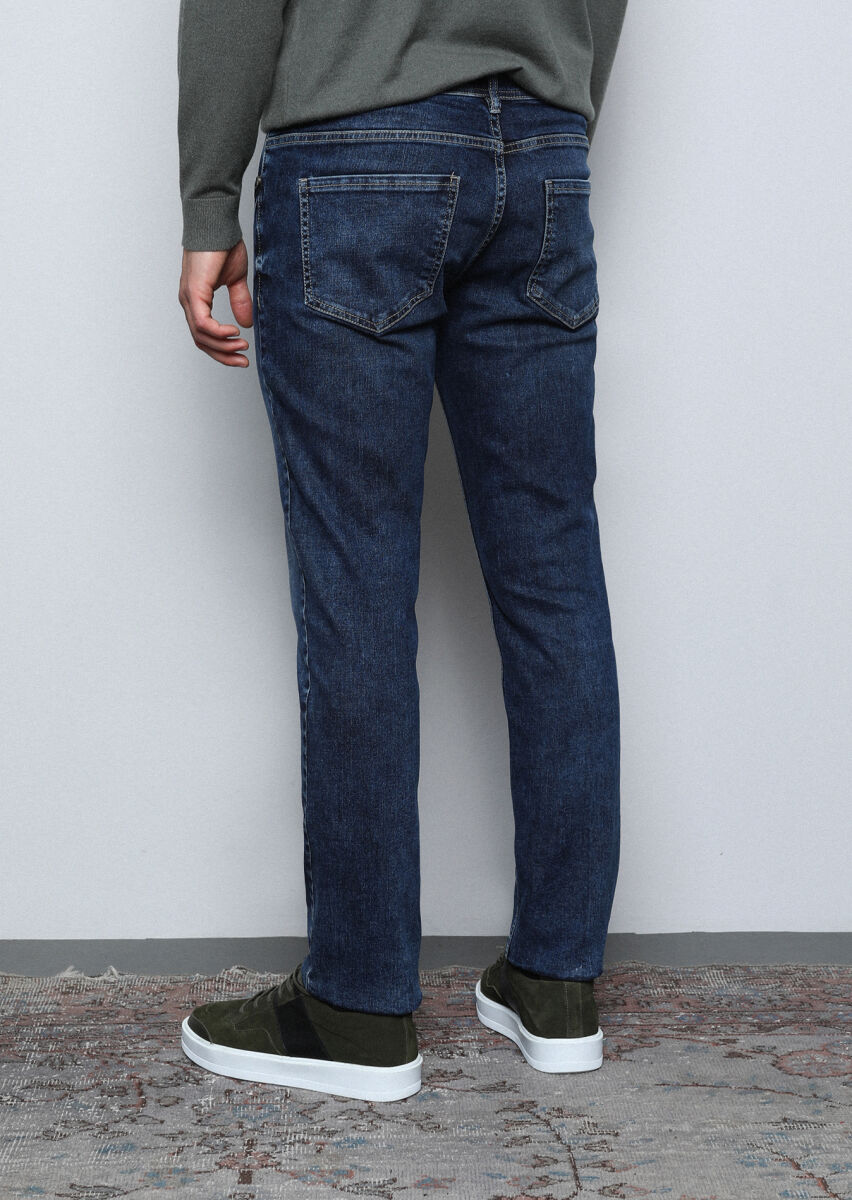Koyu İndigo Düz Slim Fit Denim Pamuk Karışımlı Pantolon - 5