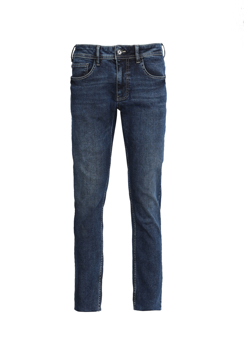 Koyu İndigo Düz Slim Fit Denim Pamuk Karışımlı Pantolon - 6