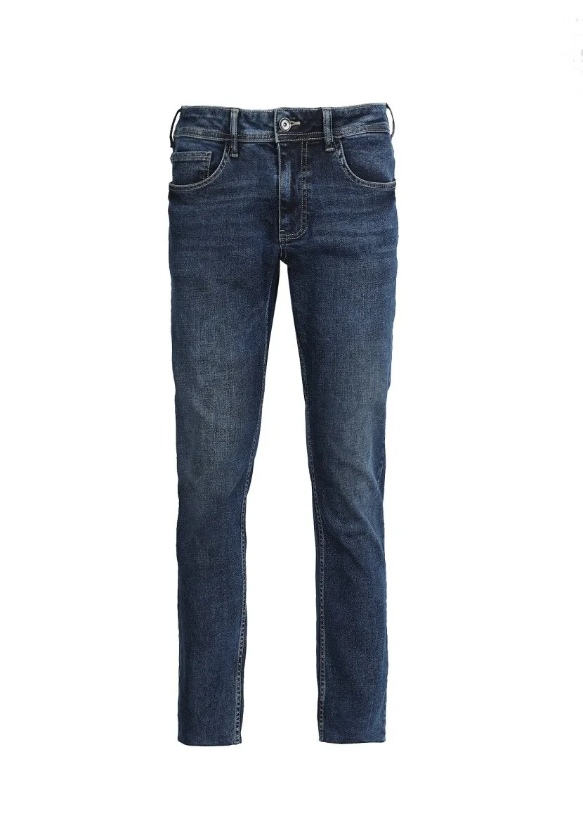 Koyu İndigo Düz Slim Fit Denim Pamuk Karışımlı Pantolon - 6