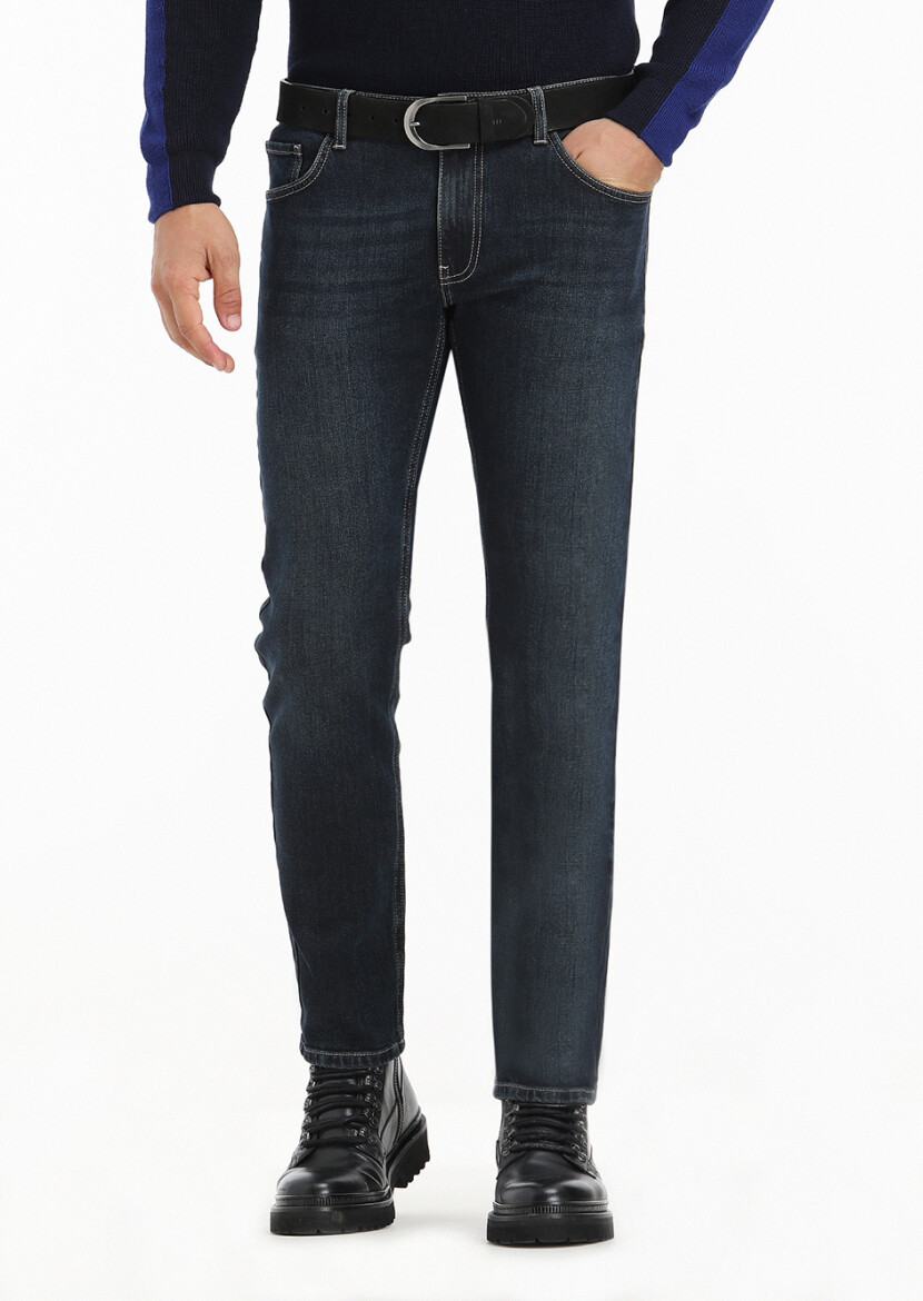 Koyu İndigo Düz Slim Fit Denim Pamuk Karışımlı Pantolon - 1