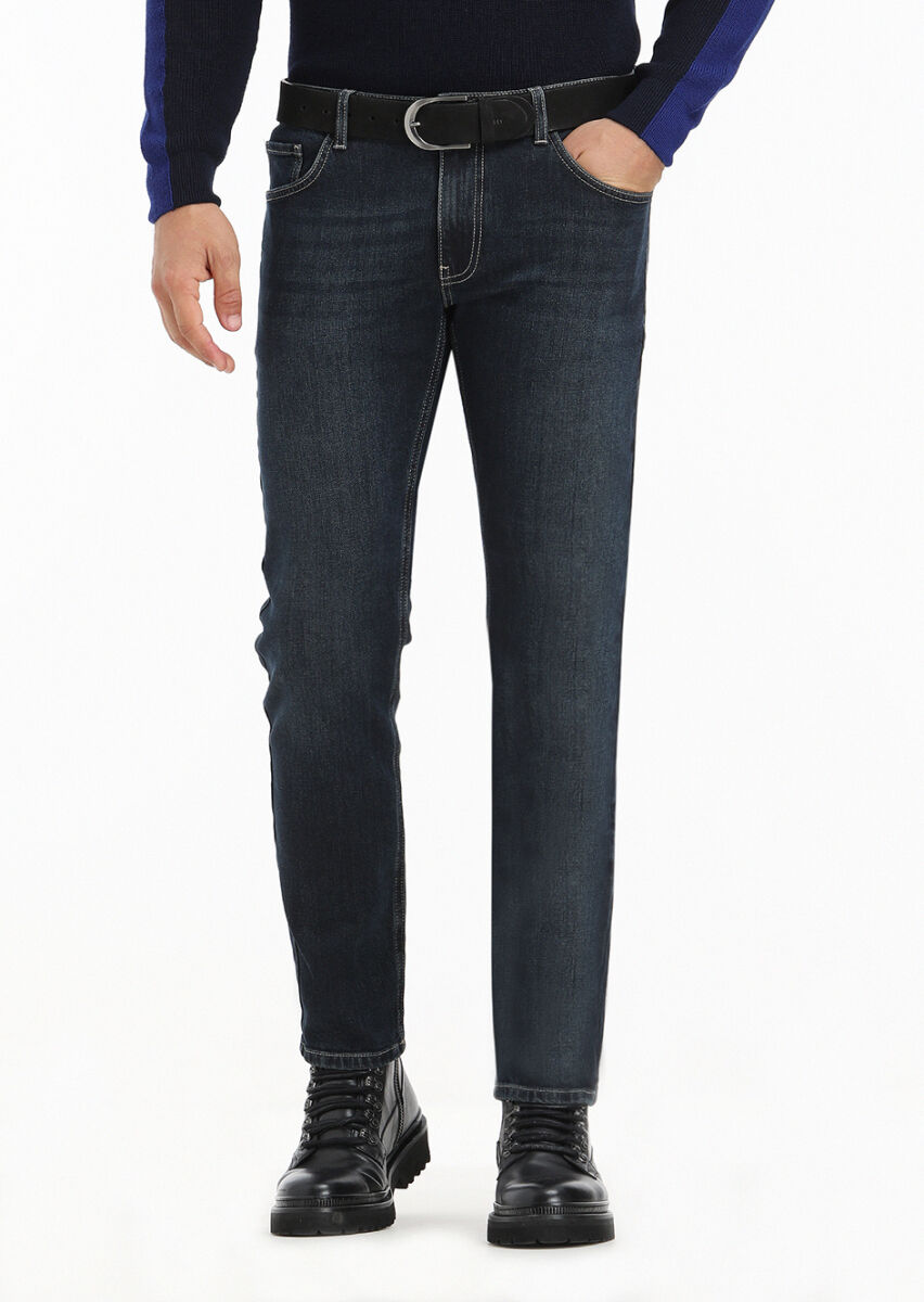 Koyu İndigo Düz Slim Fit Denim Pamuk Karışımlı Pantolon - 1